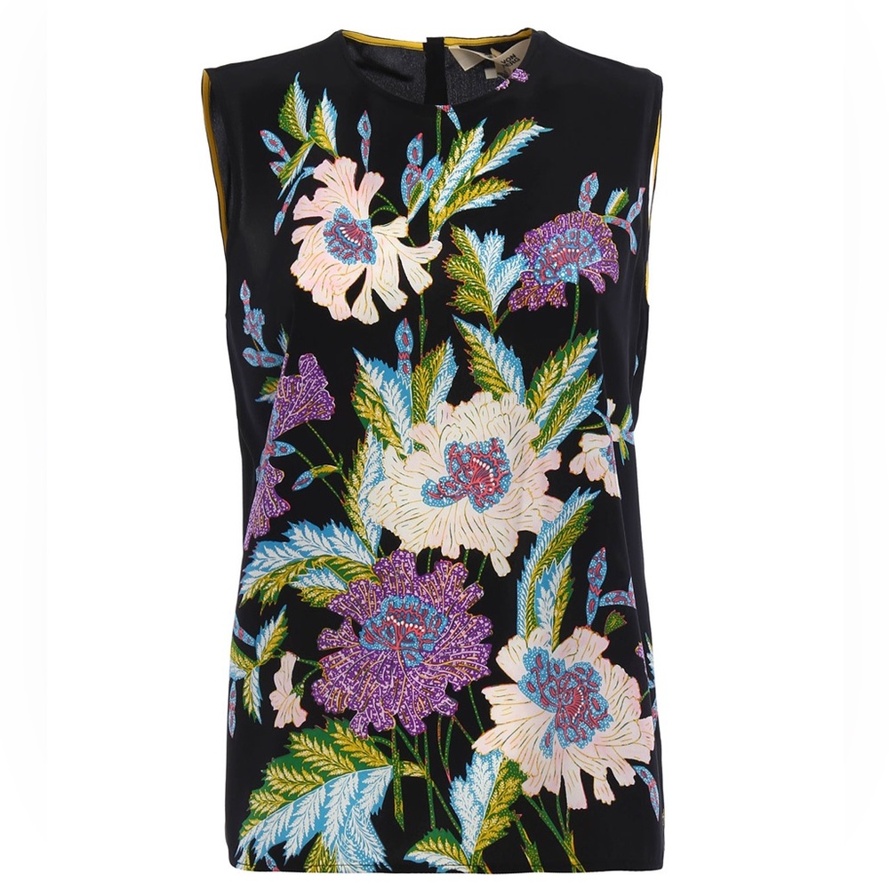 Diane Von Furstenberg Black Floral Print Sleeveless Silk Blouse Sz S Petite